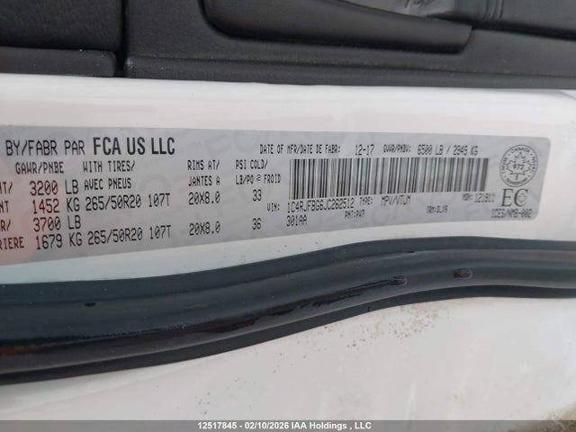 Продаж на аукціоні авто 2018 Jeep Grand Cherokee Limited, vin: 1C4RJFBG6JC262512, номер лоту: 12517845