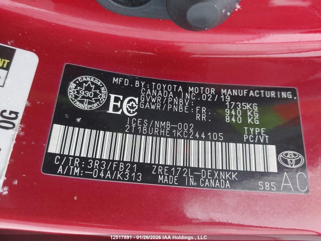 2T1BURHE1KC244105 Toyota COROLLA LE