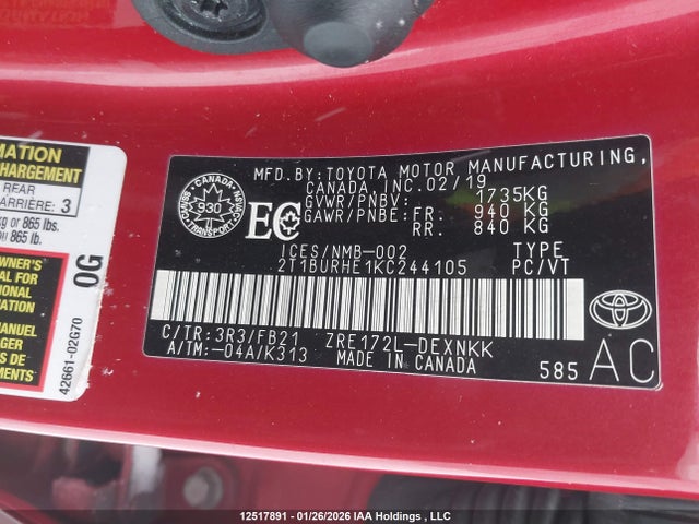 2T1BURHE1KC244105 Toyota COROLLA LE