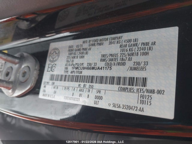 1FMCU9H66MUA41175 Ford ESCAPE SEL