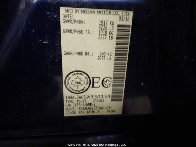 1N4AL3AP5GN350154 Nissan Altima 2.5/s/sv/sl/sr