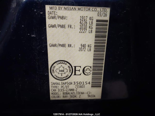 1N4AL3AP5GN350154 Nissan Altima 2.5/s/sv/sl/sr