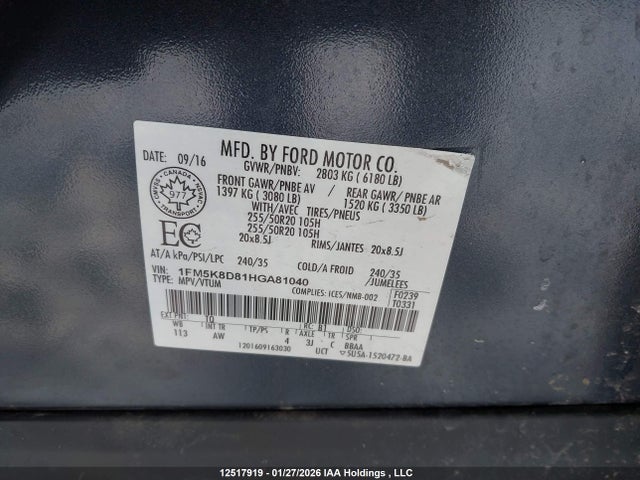 1FM5K8D81HGA81040 Ford EXPLORER XLT