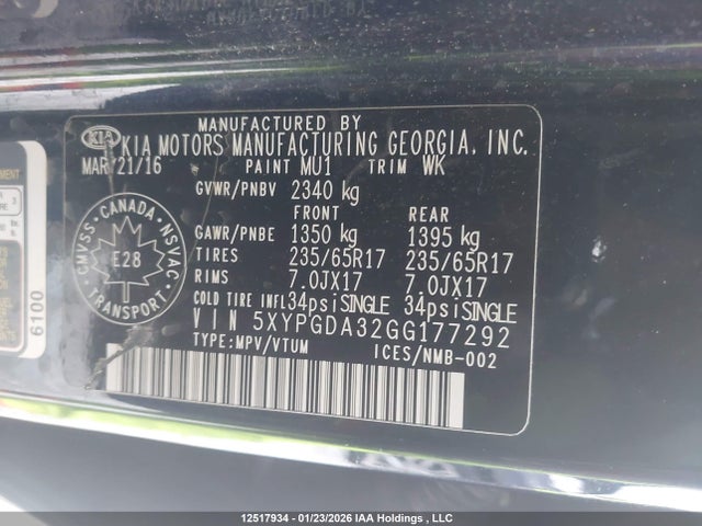 5XYPGDA32GG177292 KIA Sorento Lx/l