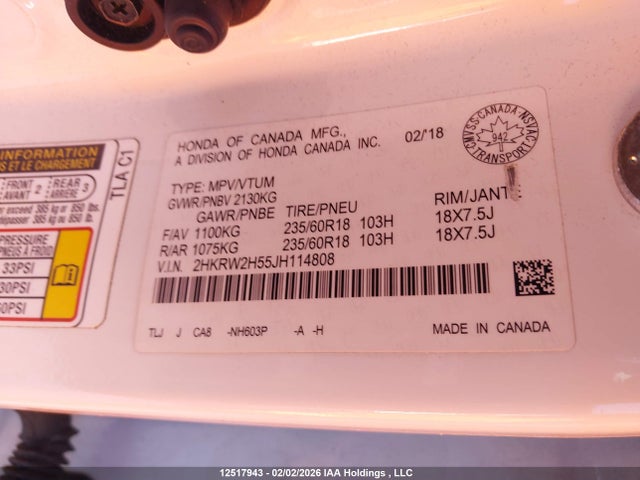 2HKRW2H55JH114808 Honda CR-V EX