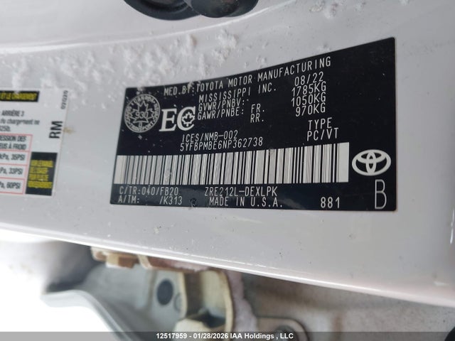 5YFBPMBE6NP362738 Toyota COROLLA LE
