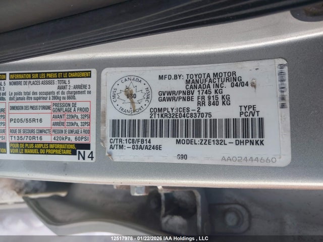 2004 Toyota Matrix Xr მანქანა იყიდება აუქციონზე, vin: 2T1KR32E04C837075, აუქციონის ნომერი: 12517978