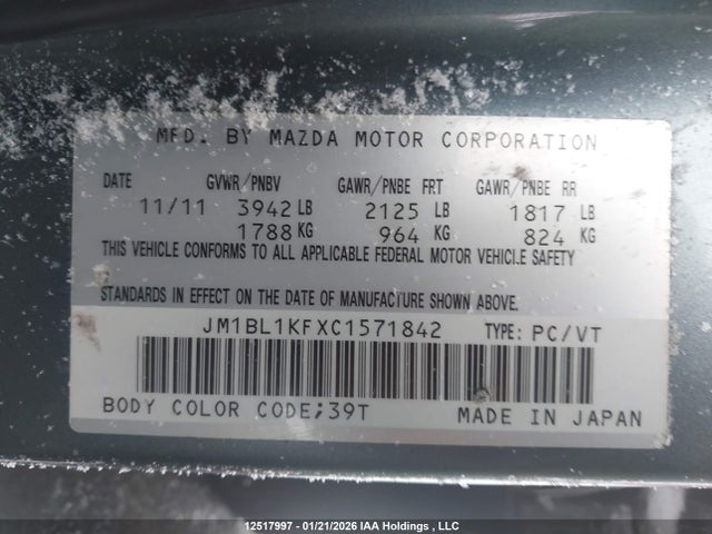 Aukcja sprzedaży 2012 Mazda 3 I, vin: JM1BL1KFXC1571842, numer aukcji: 12517997