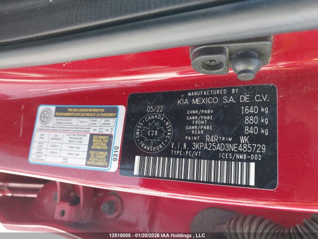 3KPA25AD3NE485729 KIA RIO S
