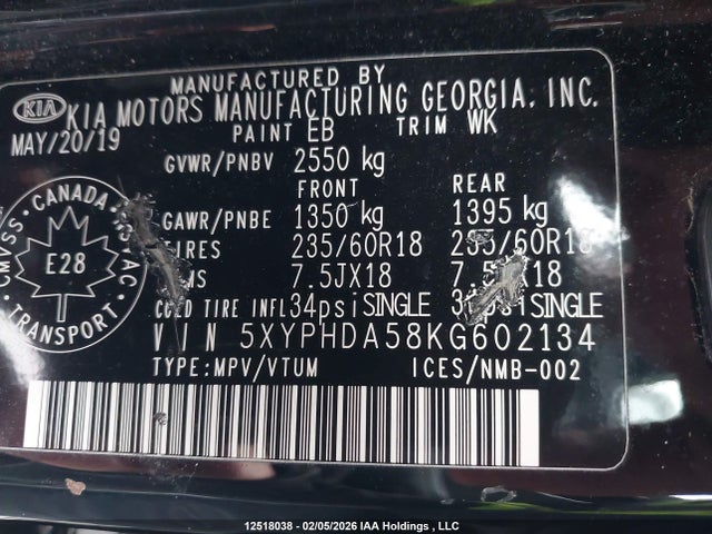 5XYPHDA58KG602134 KIA Sorento 3.3l Ex/3.3l Ex+