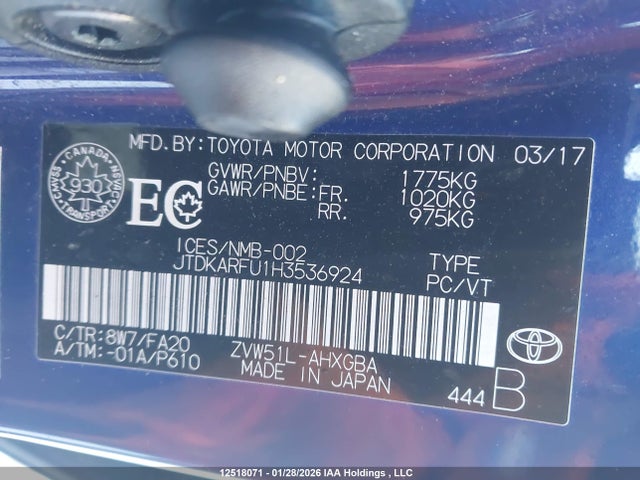 JTDKARFU1H3536924 Toyota Prius