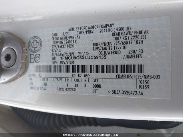 1FMCU9G6XLUC59135 Ford ESCAPE SE