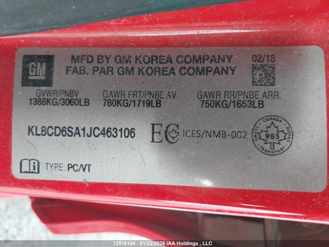 KL8CD6SA1JC463106 Chevrolet SPARK 1LT
