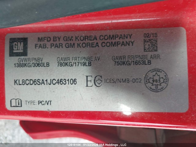 KL8CD6SA1JC463106 Chevrolet SPARK 1LT