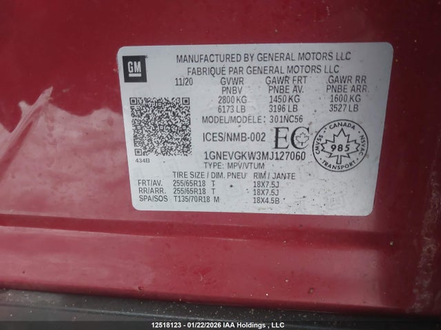 1GNEVGKW3MJ127060 Chevrolet Traverse Lt Cloth
