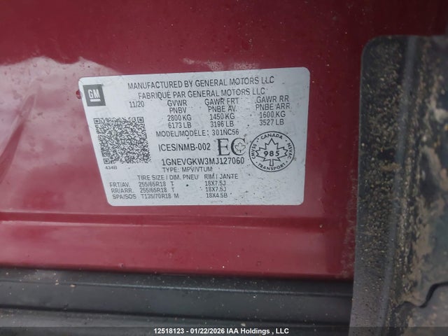 1GNEVGKW3MJ127060 Chevrolet Traverse Lt Cloth