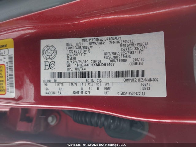 12518128 :رقم المزاد ، 1FTER4FHXMLD91467 vin ، 2021 Ford Ranger Xl/xlt/lariat مزاد بيع