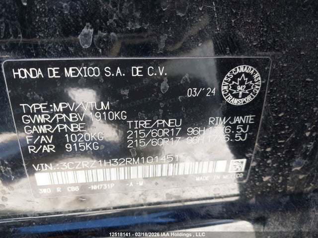 3CZRZ1H32RM101451 Honda HR-V LX