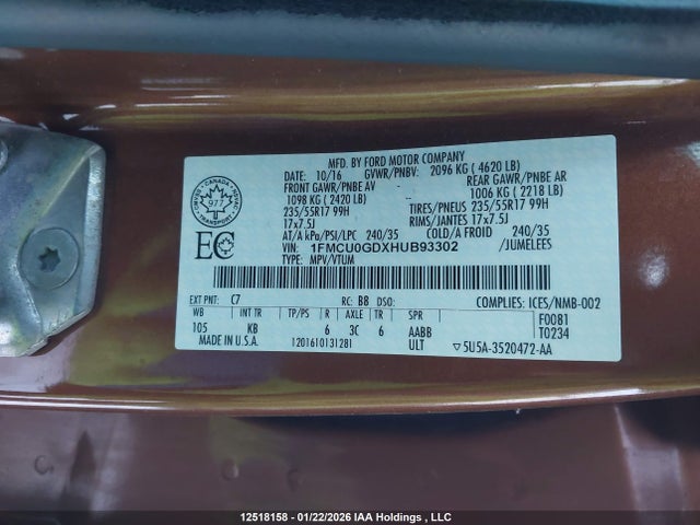 1FMCU0GDXHUB93302 Ford Escape