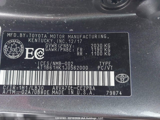 4T1B61HK1JU562000 Toyota CAMRY XSE