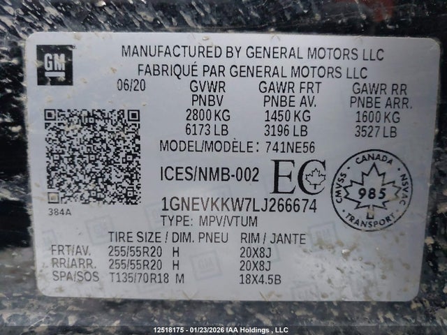 1GNEVKKW7LJ266674 Chevrolet Traverse Premier