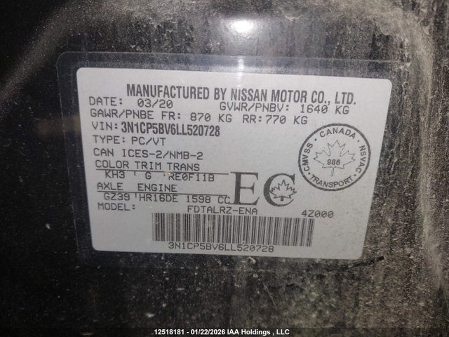 3N1CP5BV6LL520728 Nissan KICKS S