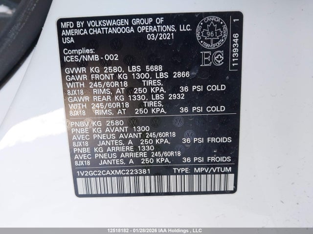 2021 Volkswagen Atlas Cross Sport მანქანა იყიდება აუქციონზე, vin: 1V2GC2CAXMC223381, აუქციონის ნომერი: 12518182