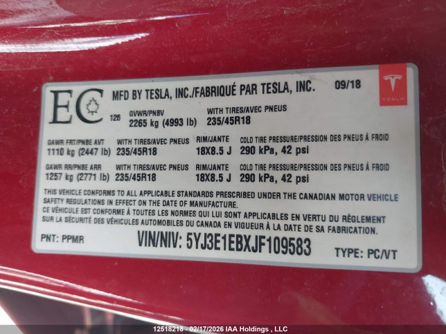 5YJ3E1EBXJF109583 Tesla MODEL 3