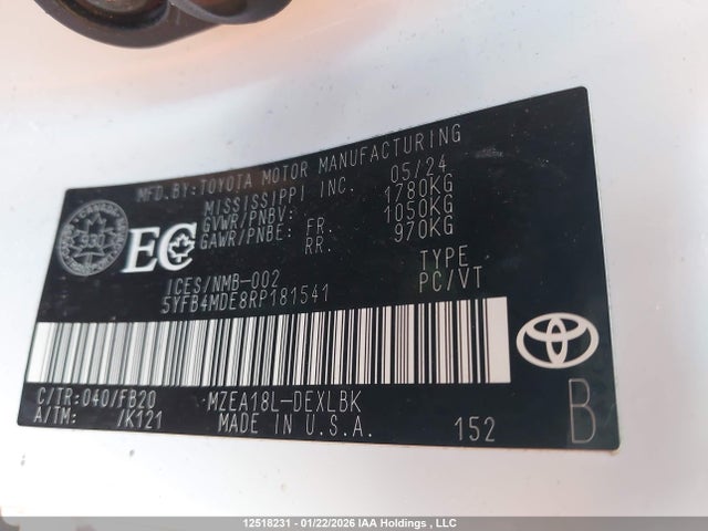 12518231 :رقم المزاد ، 5YFB4MDE8RP181541 vin ، 2024 Toyota Corolla مزاد بيع