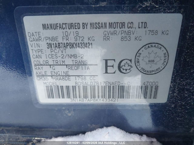 3N1AB7AP8KY433421 Nissan Sentra 1.8 S/1.8 Sv