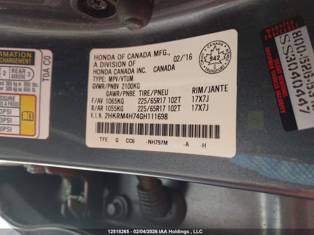 2HKRM4H74GH111698 Honda Cr-v Ex-l
