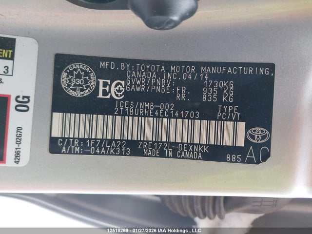 2T1BURHE4EC141703 Toyota Corolla L/le/le Pls/prm/s/s Pls