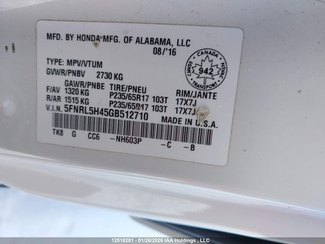 Honda j35z8 2016 5FNRL5H45GB512710 Image 9