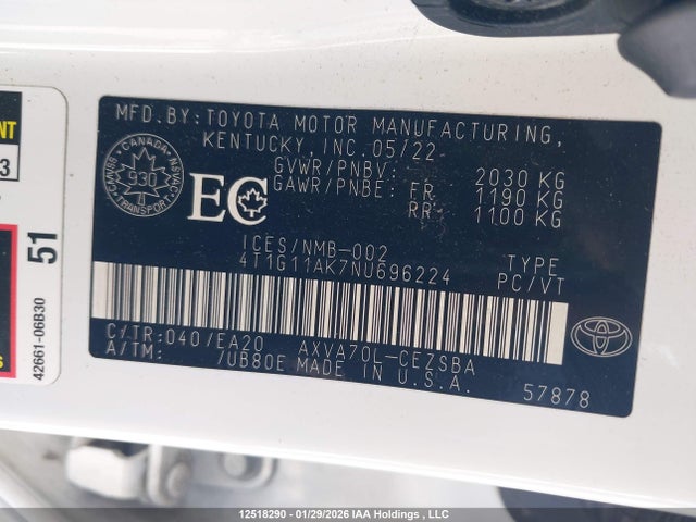 4T1G11AK7NU696224 Toyota CAMRY SE