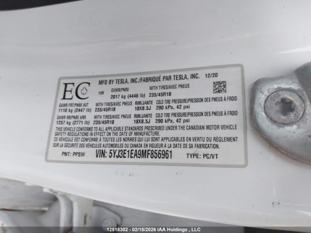 5YJ3E1EA9MF856961 Tesla Model 3 Standard Range/standard Range Plus