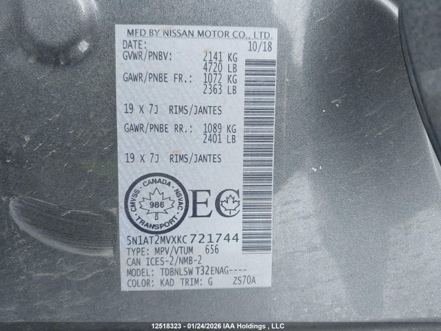 2019 Nissan Rogue Sl მანქანა იყიდება აუქციონზე, vin: 5N1AT2MVXKC721744, აუქციონის ნომერი: 12518323
