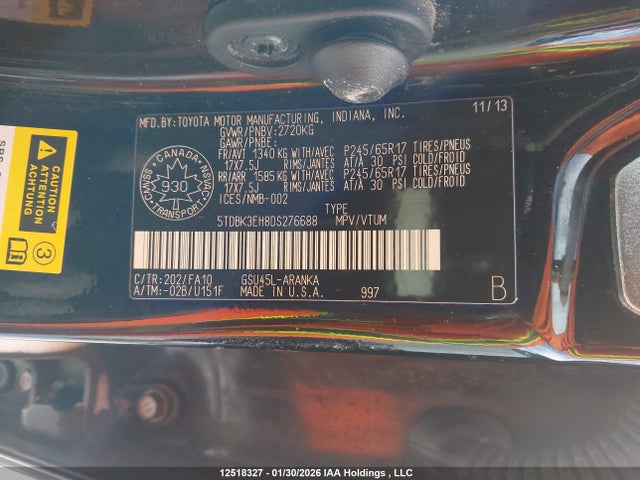 Aukcja sprzedaży 2013 Toyota Highlander V6, vin: 5TDBK3EH8DS276688, numer aukcji: 12518327