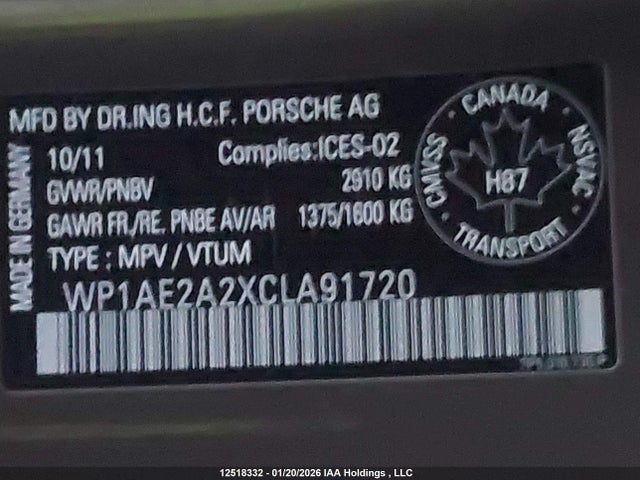 12518332 :رقم المزاد ، WP1AE2A2XCLA91720 vin ، 2012 Porsche Cayenne S Hybrid مزاد بيع
