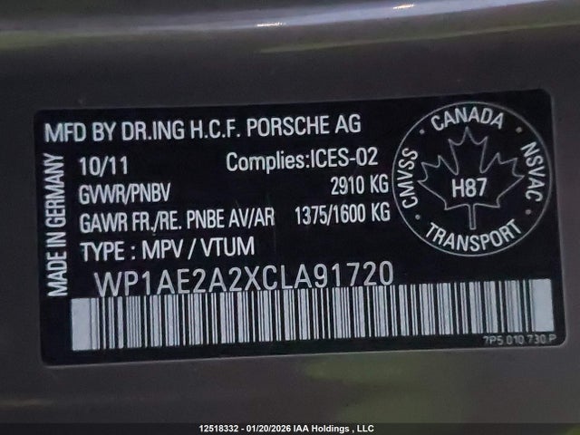 12518332 :رقم المزاد ، WP1AE2A2XCLA91720 vin ، 2012 Porsche Cayenne S Hybrid مزاد بيع