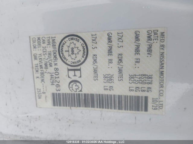 1N6BF0KM9LN801263 Nissan Nv Cargo Nv1500 S V6