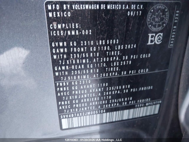 Aukcja sprzedaży 2018 Volkswagen Tiguan Sel Premium, vin: 3VV4B7AX2JM005104, numer aukcji: 12518363