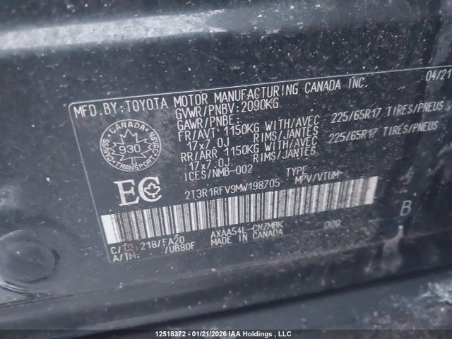 Aukcja sprzedaży 2021 Toyota Rav4 Xle, vin: 2T3R1RFV9MW198705, numer aukcji: 12518372