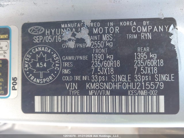 KM8SNDHF0HU215579 Hyundai Santa Fe Xl Luxury