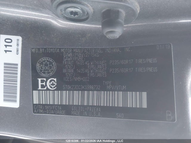 5TDKZ3DC3KS998732 Toyota Sienna Le 8-passenger