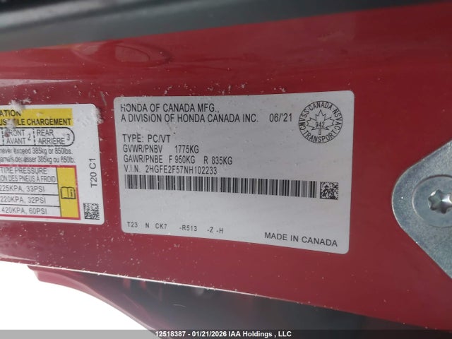 2HGFE2F57NH102233 Honda Civic Sport