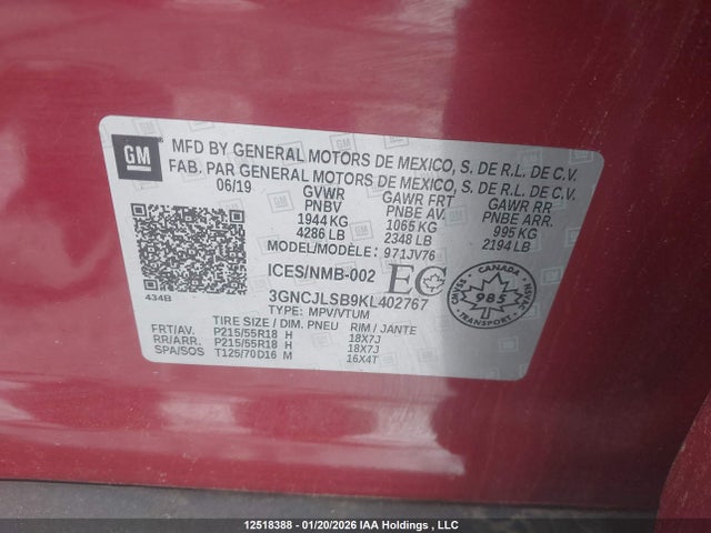 12518388 :رقم المزاد ، 3GNCJLSB9KL402767 vin ، 2019 Chevrolet Trax 1lt مزاد بيع