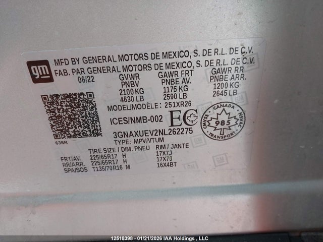 Aukcja sprzedaży 2022 Chevrolet Equinox Lt, vin: 3GNAXUEV2NL262275, numer aukcji: 12518398