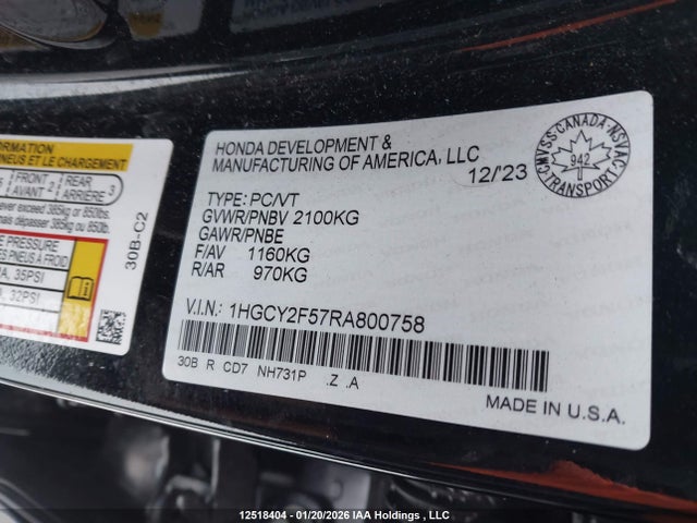 1HGCY2F57RA800758 Honda Accord Hybrid Sport