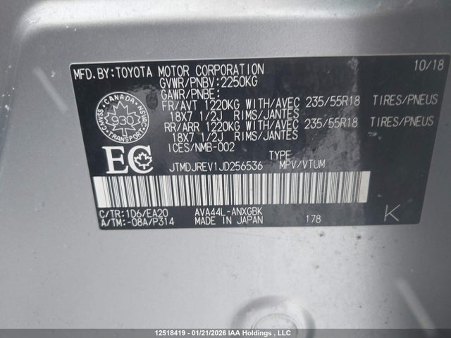 Продаж на аукціоні авто 2018 Toyota Rav4 Hv Limited, vin: JTMDJREV1JD256536, номер лоту: 12518419
