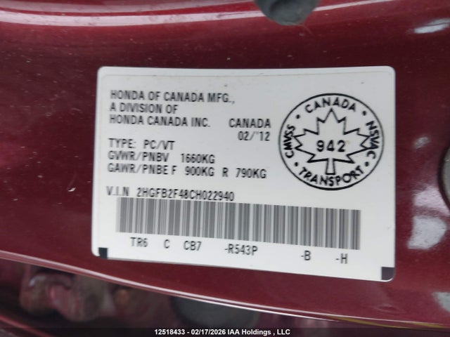 12518433 :رقم المزاد ، 2HGFB2F48CH022940 vin ، 2012 Honda Civic Lx مزاد بيع